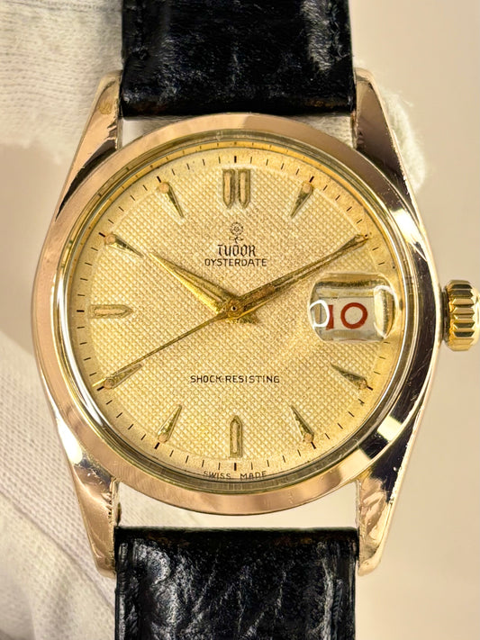 Vintage Tudor Ref. 7919 men’s rose gold plated dress timekeeper showcasing elegant 1950s Swiss design