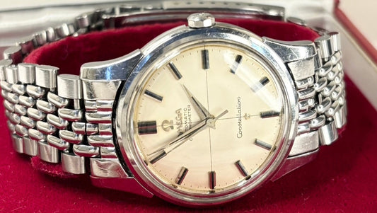 omega constellation 1950s silver automatic watch in box 