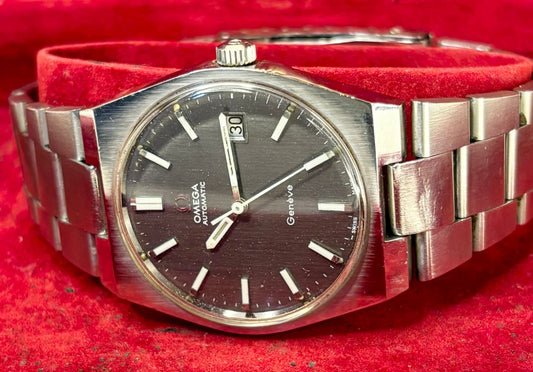 omega Geneve automatic silver watch in original box 1970s