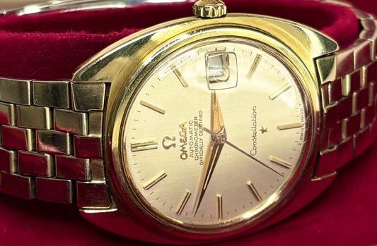 omega constellation 1960s gold dress watch with brick bracelet