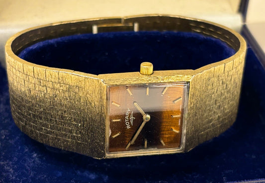 rotary tigers eye 1970s vintage gold watch on an integrated bracelet in original box