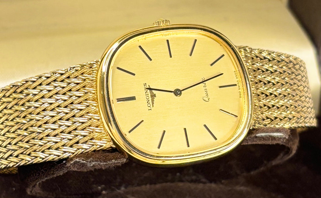 longines vintage mens oval gold 1970s quartz watch in box
