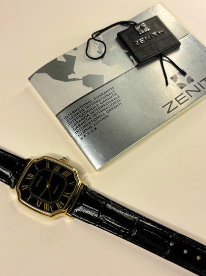 Zenith Ref. 27.0130.315 1984 men’s dress timekeeper with gold plated case, black dial, calibre 31.5 quartz movement and original guarantee booklet