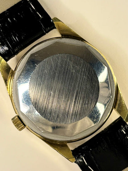 Tissot Seastar Ref. 44543 gold plated 1973 men’s vintage dress timekeeper caseback view with hallmark details
