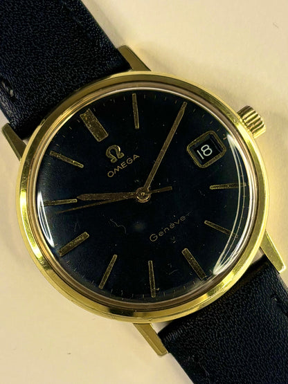 Vintage Omega Geneve ref. 132.019 watch – c.1969 men's gold-plated manual dress watch with black dial, in good condition with minor age-appropriate marks, by arcollectables