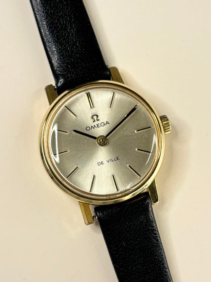 Close up of Omega De Ville 1972 ladies’ watch sunburst dial manual wind
