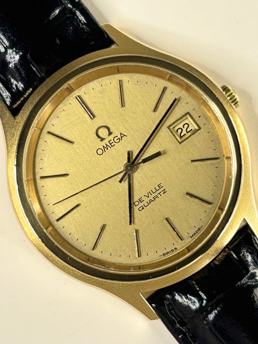 1976 Omega De Ville timepiece ref. 192.0033 — 35mm gold-plated case, calibre 1342 quartz movement timekeeper in great condition