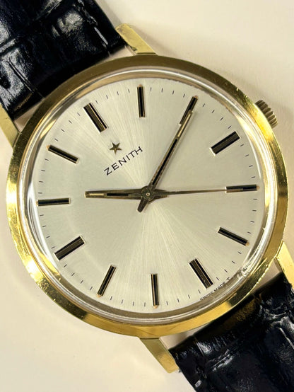 Zenith 1973 men’s dress timekeeper with gold plated case, white sunburst dial and manual movement