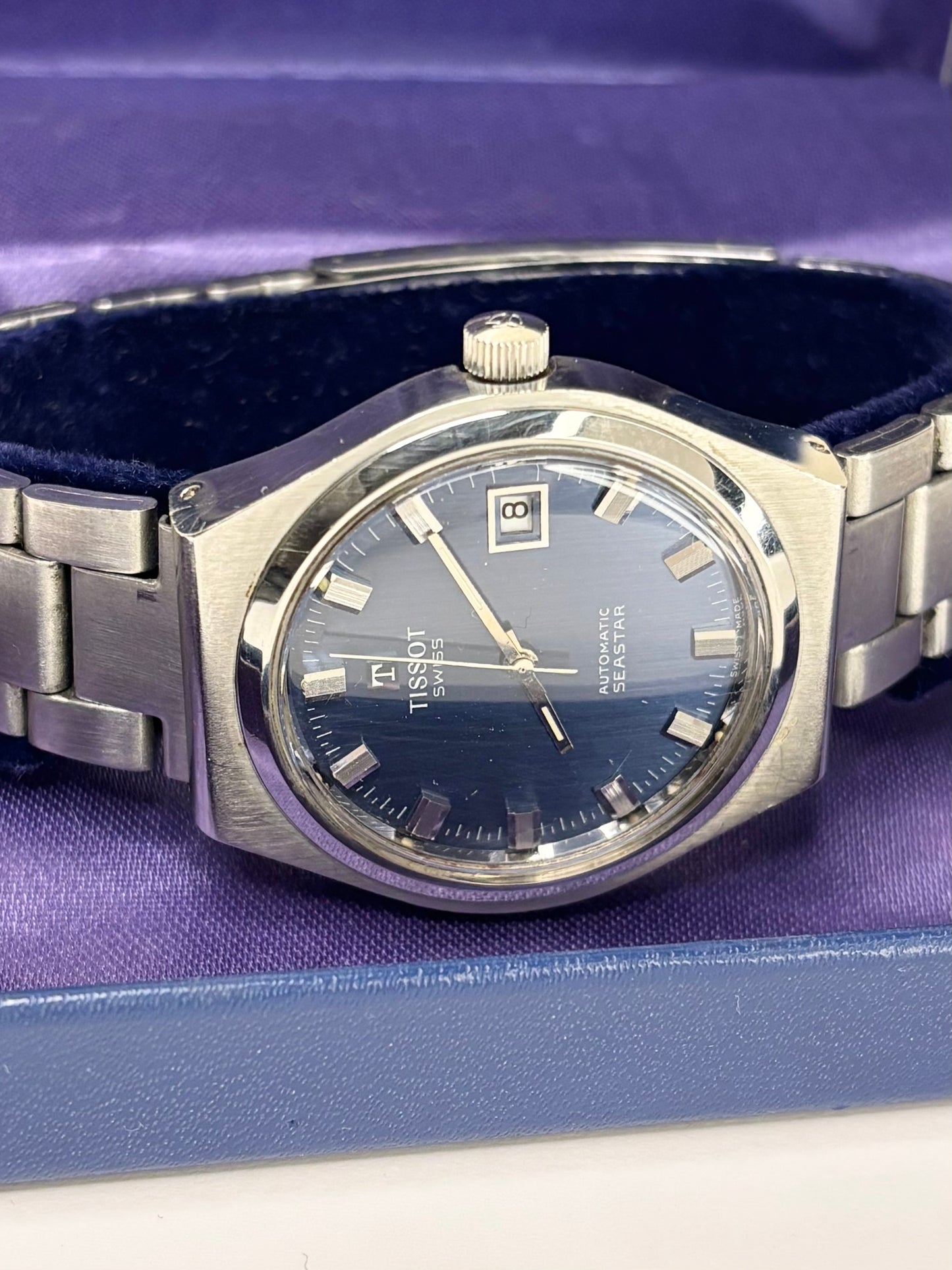 TISSOT Seastar Vintage 1970’s *+BOX* Men’s Automatic Blue Dial Date Silver Watch