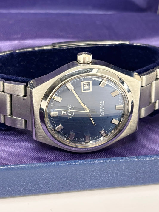 TISSOT Seastar Vintage 1970’s *+BOX* Men’s Automatic Blue Dial Date Silver Watch