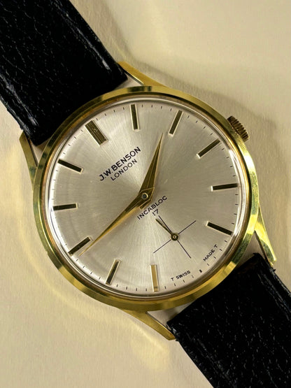 Vintage 1964 J.W. Benson men’s dress watch gold plated case white sunburst dial