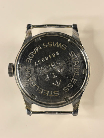 Caseback of Moeris 1940s British military men’s watch engraved markings