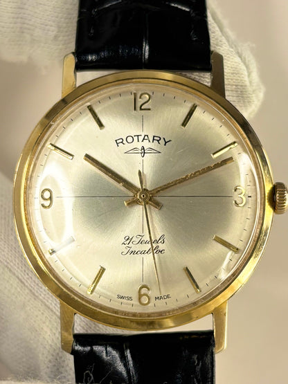 Vintage Rotary Ref. 1967 men’s gold plated dress timekeeper showcasing elegant 1960s Swiss crosshair dial design