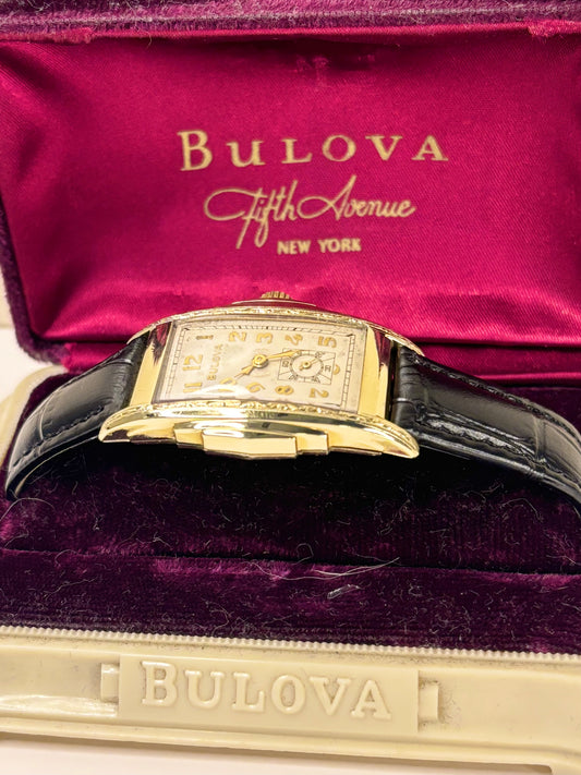 BULOVA 10K Rolled Gold Vintage 1950’s *BOXED* Men’s Manual Art Deco Antique Gold Tank Dress Watch