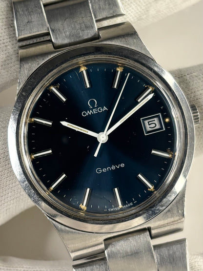OMEGA Geneve Vintage 1970’s *+BOX* Men’s Manual Blue Dial Date Silver Watch - 136.0103