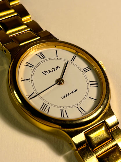 Close up of Bulova Longchamp vintage 1960s Roman numeral dial watch