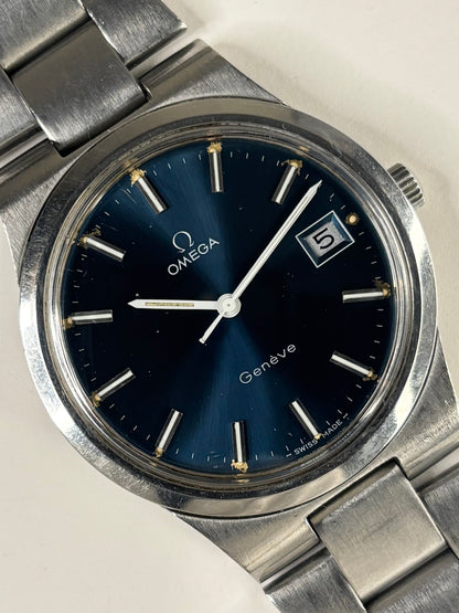 OMEGA Geneve Vintage 1970’s *+BOX* Men’s Manual Blue Dial Date Silver Watch - 136.0103