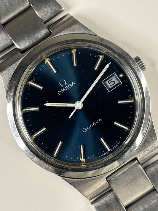 OMEGA Geneve Vintage 1970’s *+BOX* Men’s Manual Blue Dial Date Silver Watch - 136.0103