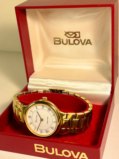 Vintage 1960s Bulova Longchamp men’s dress watch gold plated case and box