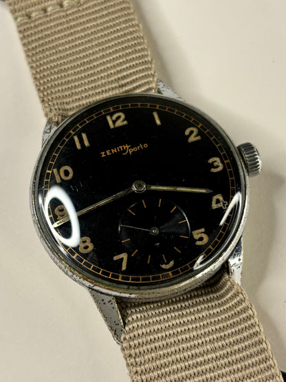 ZENITH Sporto WW2 Doctors Vintage 1940’s  Men’s Manual Black Steel Watch 12-4-P