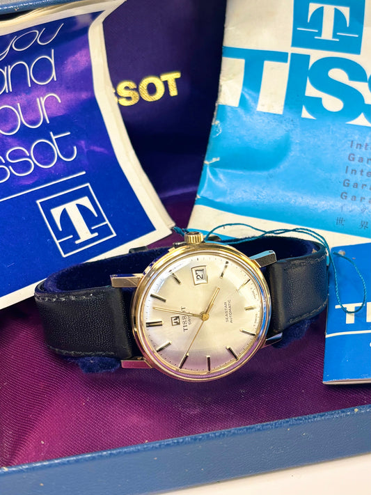 Vintage Tissot watch – c.1976 men's gold-plated automatic dress watch with white sunburst dial, in good condition with minor age-appropriate marks, complete with original box, papers and tag