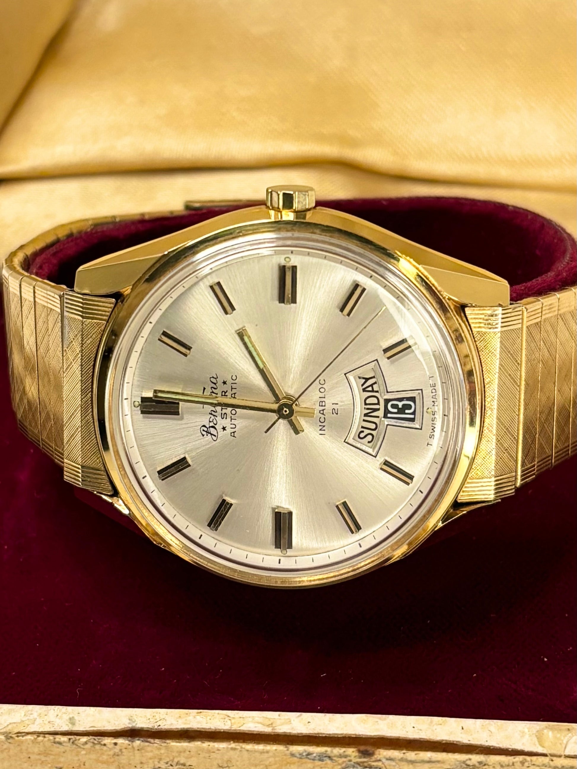 Vintage Bentima automatic timepiece – c.1975 men's gold-plated dress watch with white sunburst dial, in great condition with only minor age-appropriate marks, complete with original box.