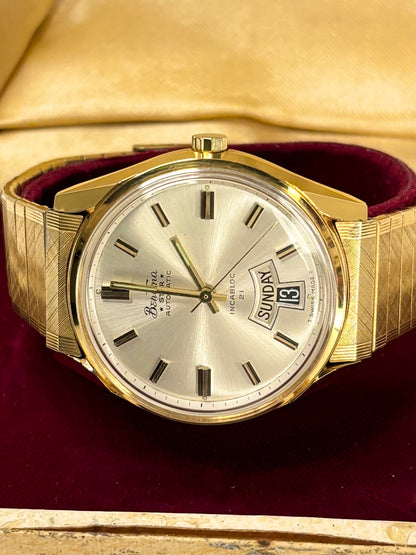 Vintage Bentima automatic timepiece – c.1975 men's gold-plated dress watch with white sunburst dial, in great condition with only minor age-appropriate marks, complete with original box.