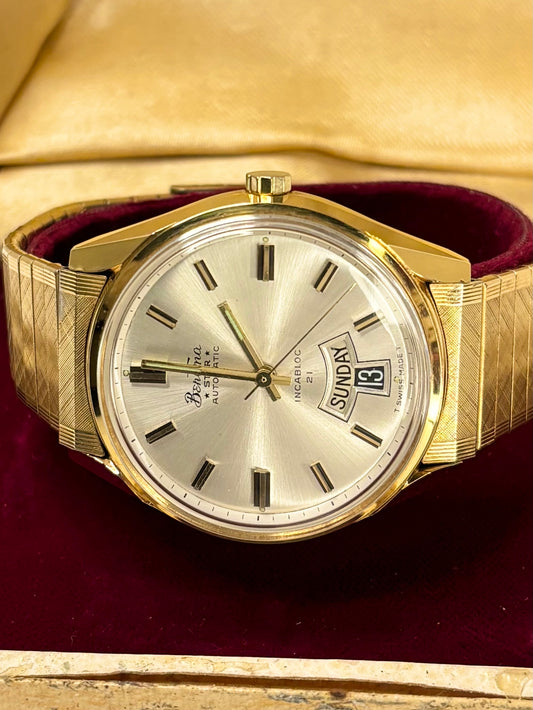 Vintage Bentima automatic timepiece – c.1975 men's gold-plated dress watch with white sunburst dial, in great condition with only minor age-appropriate marks, complete with original box.