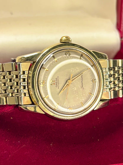 1950s Omega Seamaster automatic watch ref. 2846-3 with classic dial and gold-plated case, a timeless Swiss vintage timepiece and refined mechanical timekeeper, plus original box