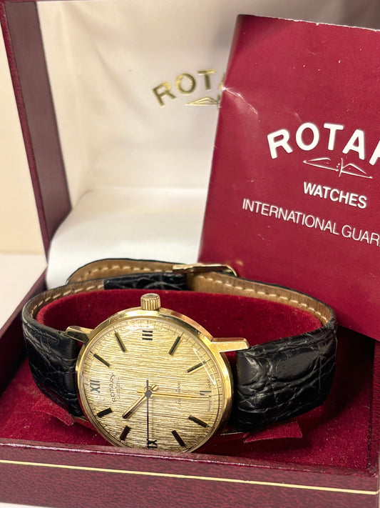 ROTARY Vintage *+BOX&PAPERS* Men’s Manual Bark Gold Dress Watch