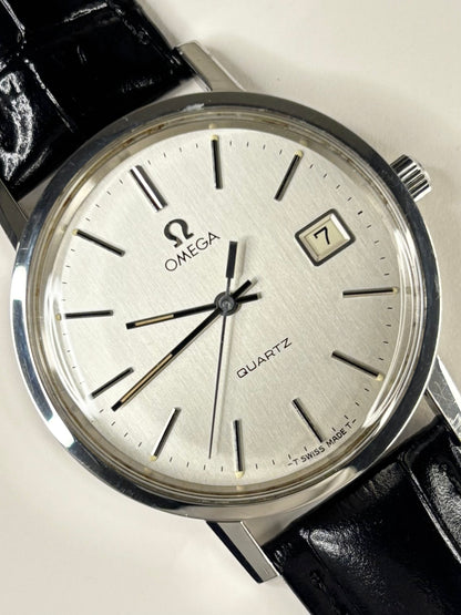 Omega men’s dress timepiece model 196.0160 with stainless steel case and classic dial, powered by calibre 1342 quartz timekeeper
