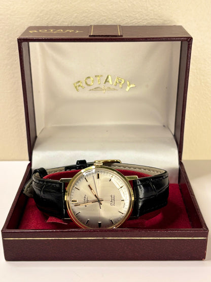 Collectible Rotary Ref. 1969 men’s vintage timekeeper featuring classic dial, gold plated case and original box