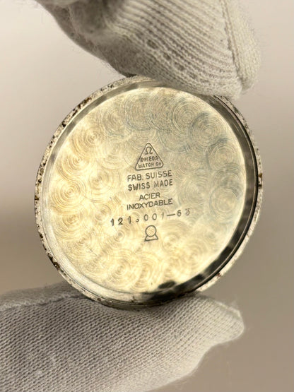 Omega Ref. 121.001-63 stainless steel 1962 men’s vintage timekeeper caseback view with hallmark details