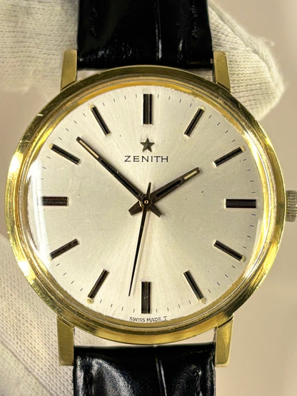 Vintage Zenith 1968 men’s gold plated dress timekeeper showcasing elegant Swiss design with sunburst dial