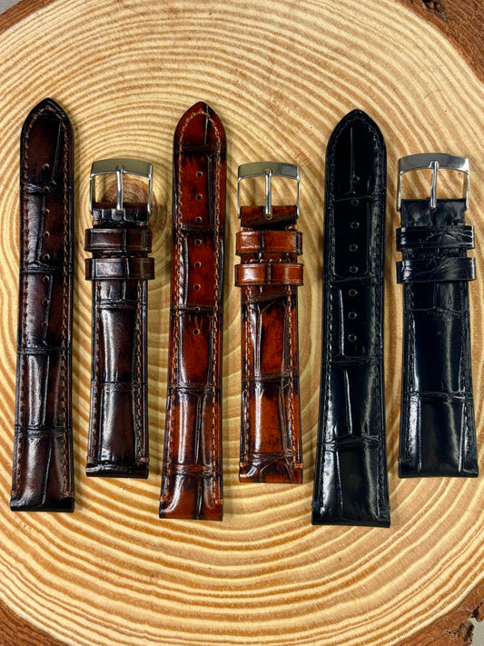 selection of premium alligator leather watch straps brown and black. 18mm 20mm 22mm