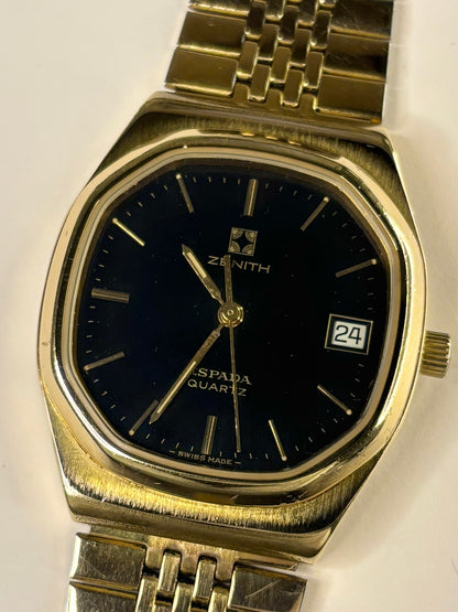 Close-up of Zenith vintage men’s quartz dress watch, black dial, gold-plated case, ref. 27 0050 425
