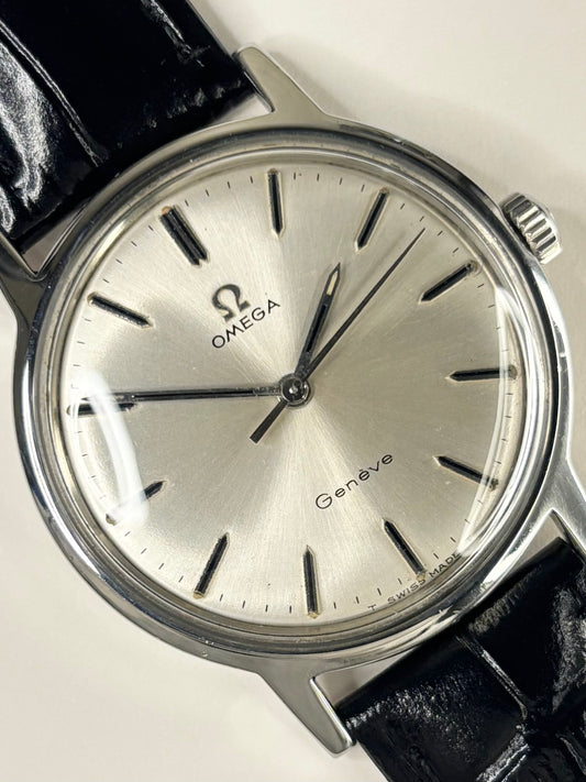 Omega Genève vintage men’s dress watch ref. 166.0169 with sunburst dial and stainless steel case, c.1970