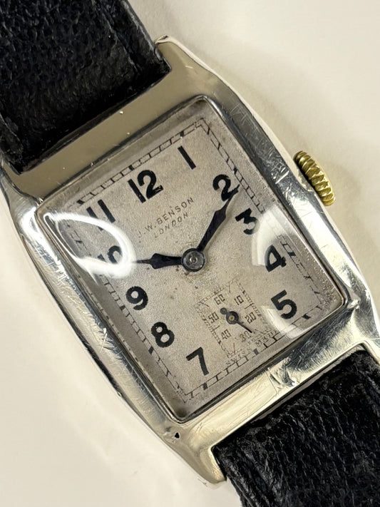 J W BENSON Solid Silver *BOXED* Vintage 1940’s Men’s Manual Sub-Seconds Tank Watch