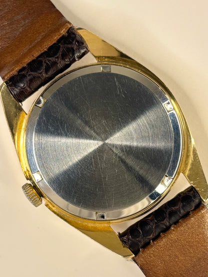 Rotary Ref. 1968 gold plated men’s vintage 1968 dress timekeeper caseback view with hallmark details