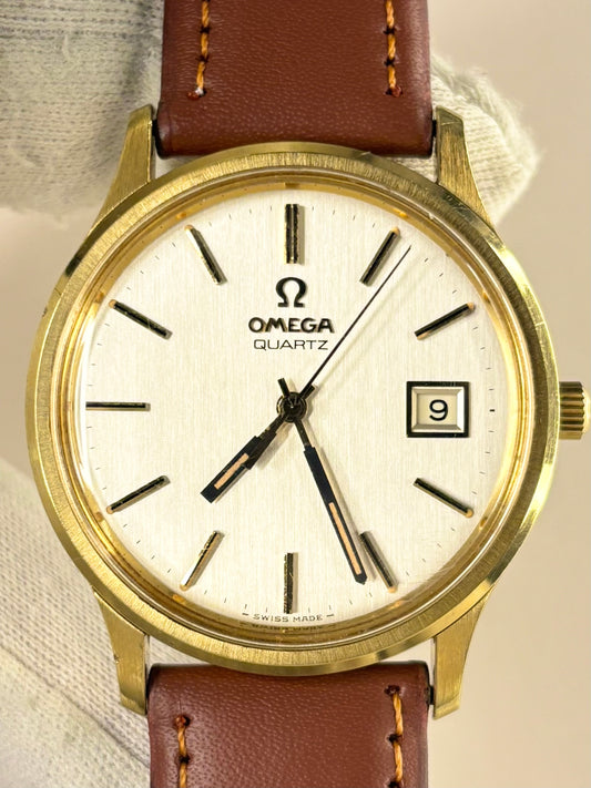 Premium vintage Omega dress timepiece with gold-plated case and clean dial design, model 196.0071, fitted with Omega calibre 1342 quartz movement, a classic handmade luxury timekeeper.
