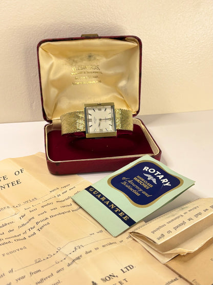 Collectible Rotary Ref. 1967 men’s vintage timekeeper featuring white dial, gold plated case and original box and papers