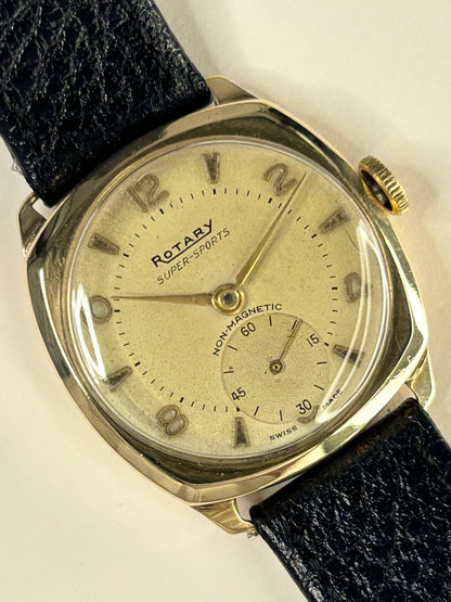 ROTARY 9ct Gold *RARE* Vintage 1950’s Men’s Manual Cushion Dress Watch