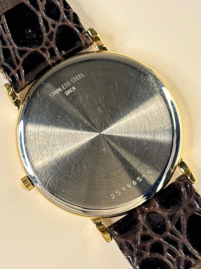 Caseback of Longines vintage 1994 men’s quartz gold plated wristwatch