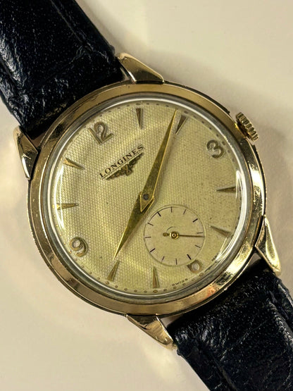 Vintage 1952 Longines men’s watch 9ct solid gold case textured white dial 23Z