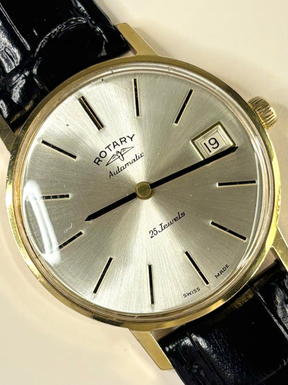 1975 Rotary dress timepiece — 34mm gold-plated case, automatic movement timekeeper with white sunburst dial in excellent condition