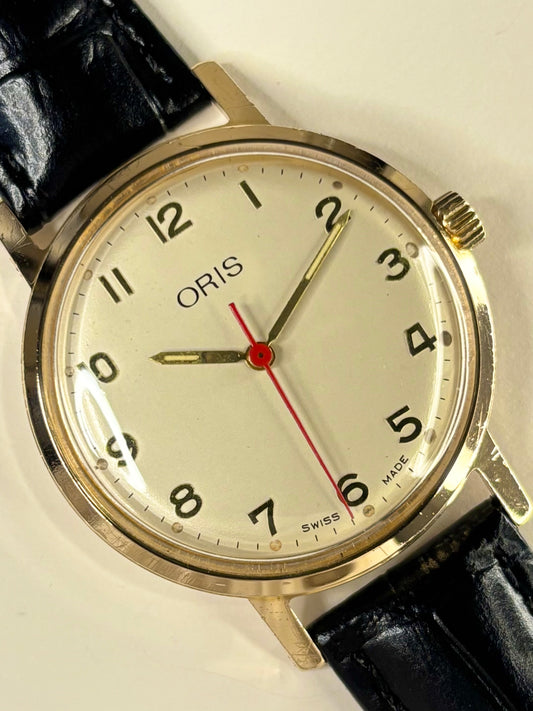 1973 Oris dress timepiece — 35mm gold-plated case, manual wind movement timekeeper with classic dial in excellent condition