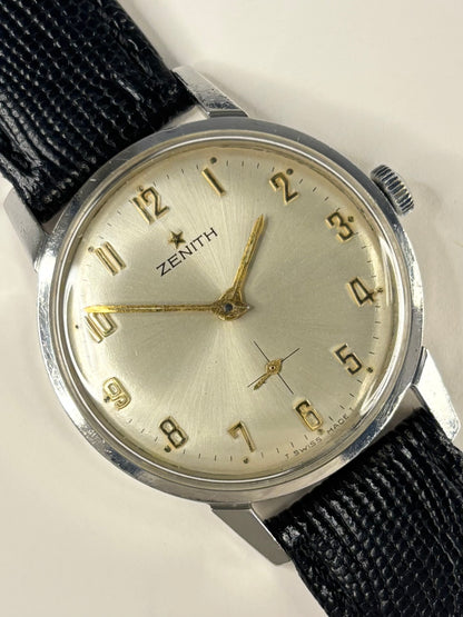 Zenith 1973 men’s dress timekeeper with gold plated case, white sunburst dial and manual movement