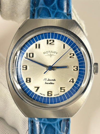 Close-up of Rotary vintage men’s dress watch, stainless steel case and manual movement