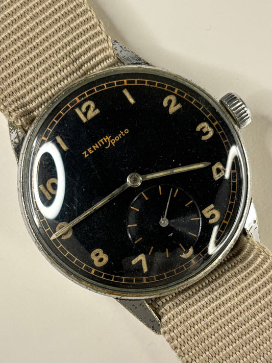 ZENITH Sporto WW2 Doctors Vintage 1940’s  Men’s Manual Black Steel Watch 12-4-P