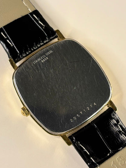 Caseback of Longines 1980s vintage men’s quartz gold plated wristwatch